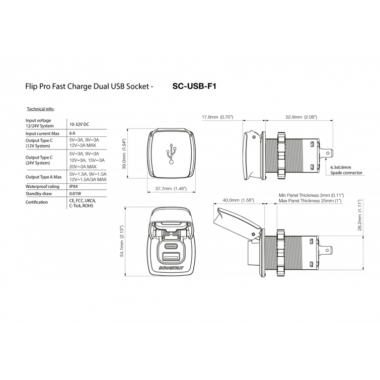 Scanstrut Flip Pro USB-rasia 12V/24V 60W IPX4