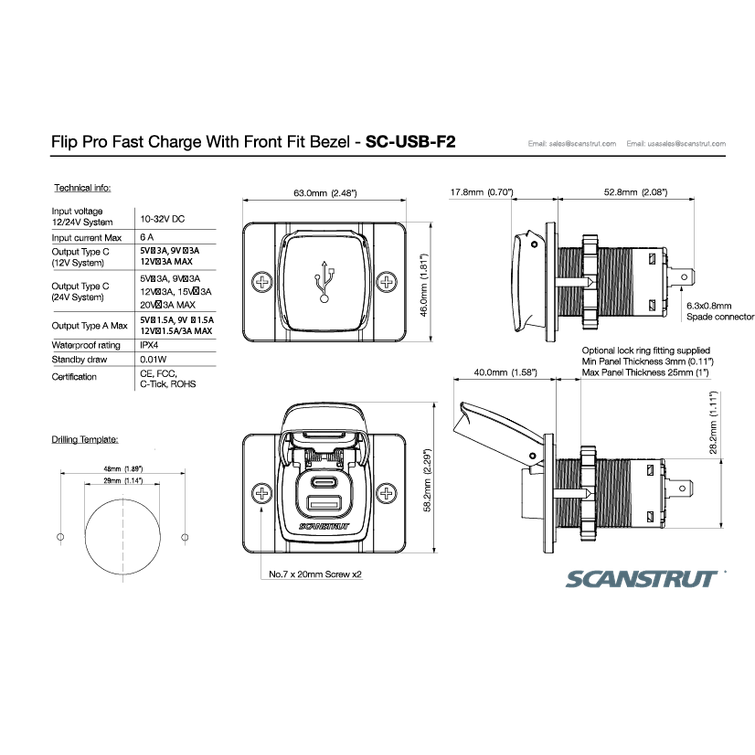 Scanstrut Flip Pro 12V/24V pistokerasia IPX4 low profile
