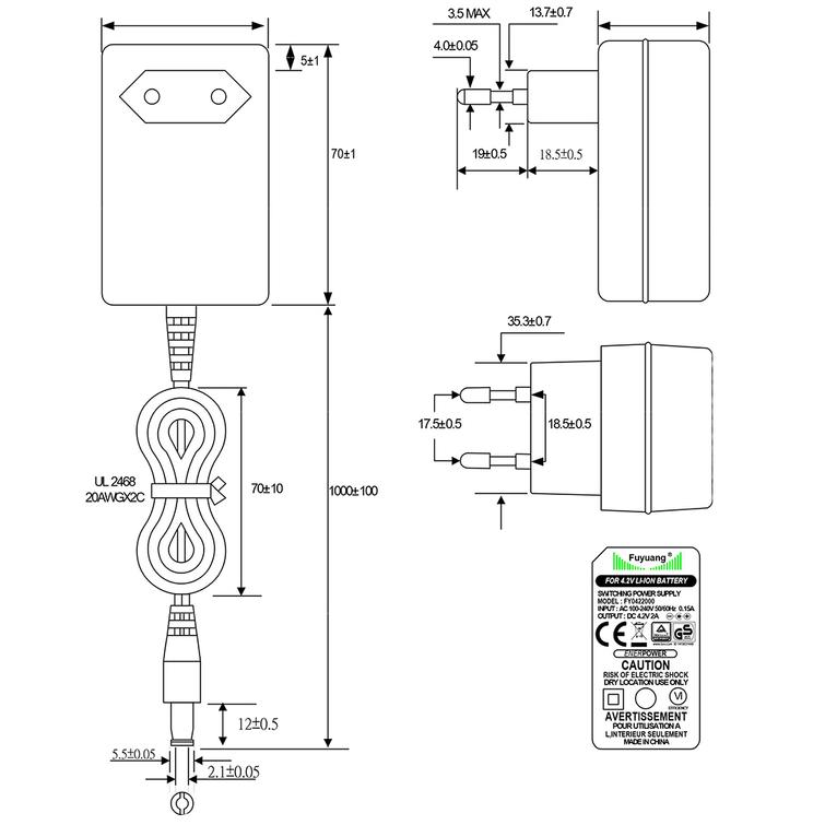 1S 3.6V - 3.7V (4.2V) Laturi 2A, DC Plugilla